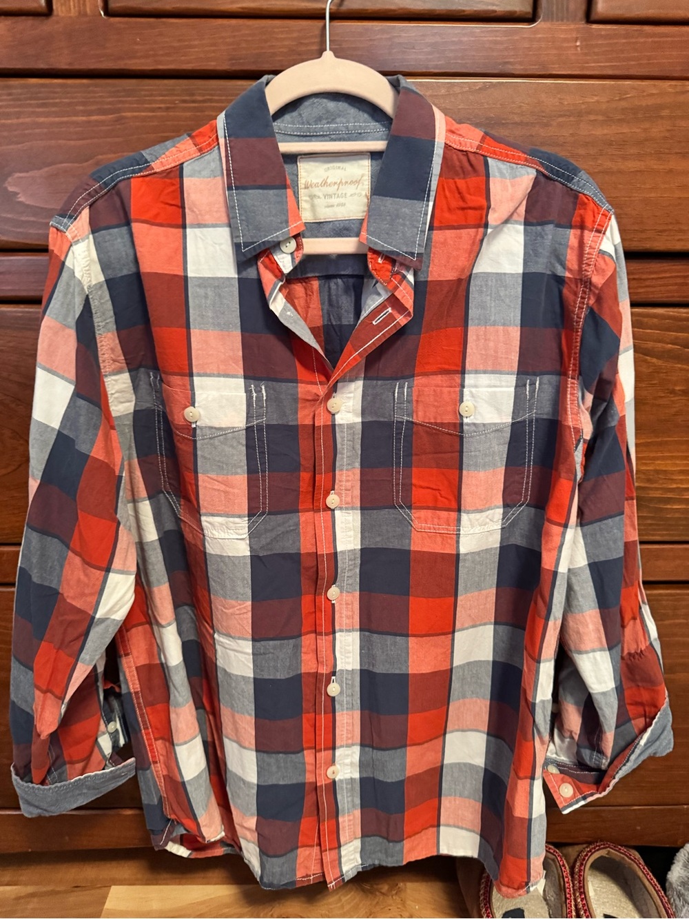 Weatherproof Orange Navy White Plaid Casual Button-Down Shirt